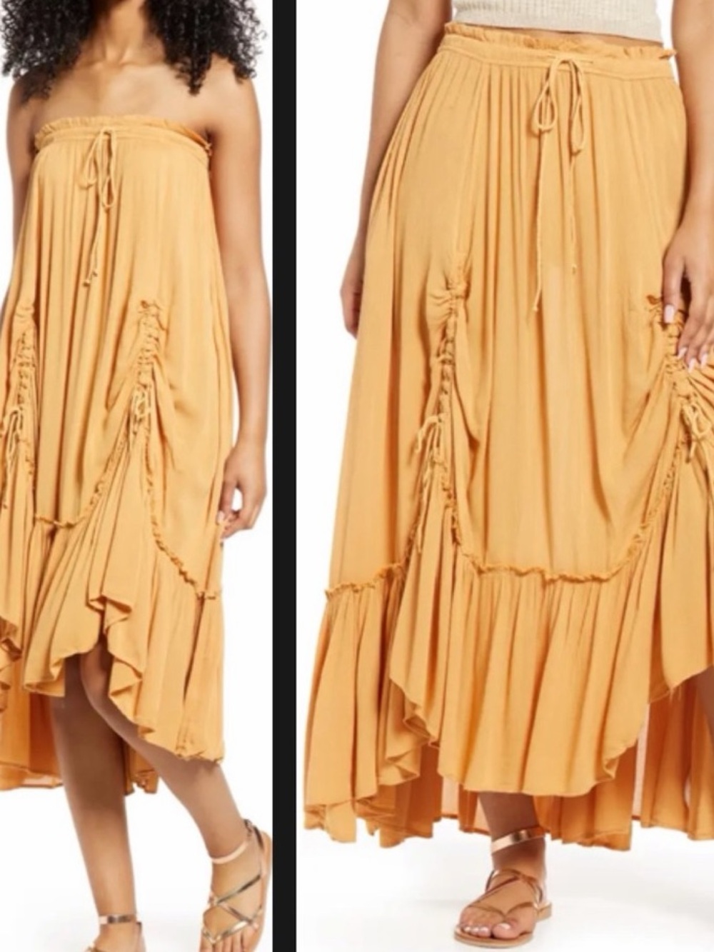 Free People El Sol Convertible Maxi Skirt Mustard Drawstring Ruched Fairy M